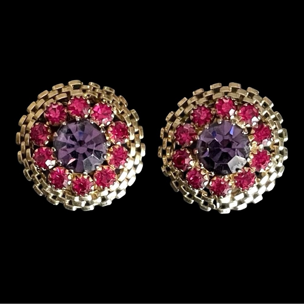 Vintage Signed Weiss Goldtone And Rhinestone Clip Earrings Pink And Purple